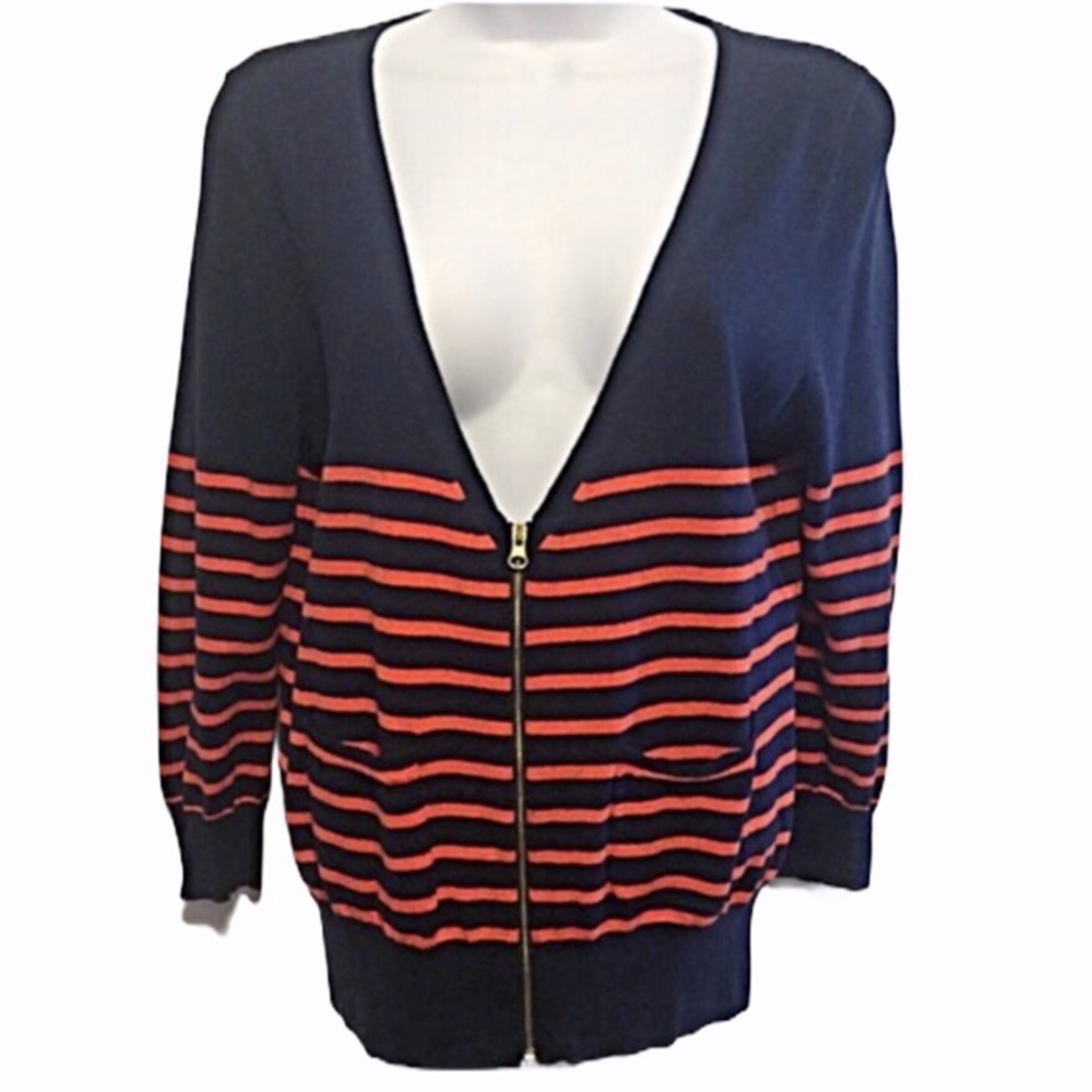 J Crew Navy & Orange Striped Cardigan